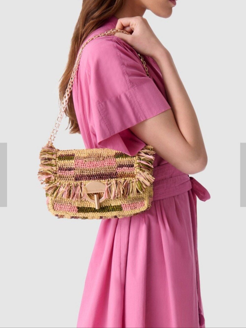 Vanessa Bruno Woven Raffia Moon Bag Medium Tan/Olive/Pink Rose Gold